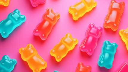 Naklejka premium Neon gummy bears arranged in a pattern, vibrant neon lighting