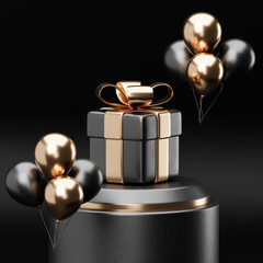 Black Friday Gift Display with Gold and Black Balloons and Elegant Wrapped Present – Perfect for Holiday Promotions and Special Offers