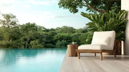 A modern poolside scene featuring a luxurious chair and lush green plants, set against a stunning backdrop of a tranquil forest, epitomizing relaxation and escape.