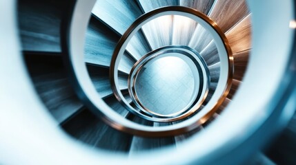 A captivating view of a spiral staircase, showcasing its modern artistic design with a focus on curved lines and a sleek metal finish under soft lighting.