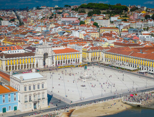 Aerial view of Praca do Comercio and Baixa district in Lisbon old town, Portugal. Panoramic drone...
