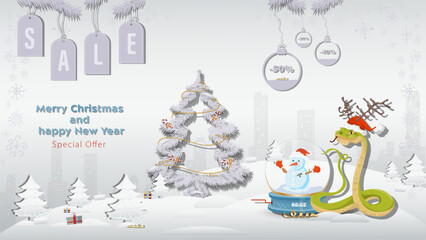 Special Offer Christmas and New Years Sale A snake in a Santa Claus hat with a glass ball next to a fir tree in a winter snowy forest