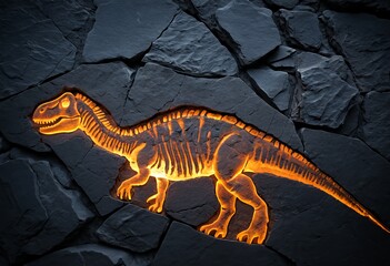 Naklejka premium Illuminated dinosaur fossil texture in a rock background featuring a detailed skeletal figure
