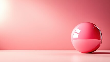 A glossy pink sphere rests on a light pink surface, reflecting light and casting a shadow to produce a minimalist environment with an elegant, serene ambiance.