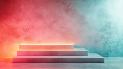 A set of simple steps illuminated in soft gradient lighting, creating a sense of elevation and direction within a modern minimalistic space and artistic environment.