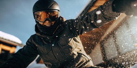 Snowboarder in Action with Snow Flying