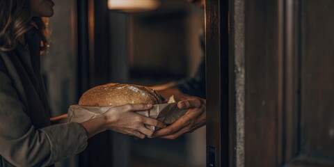 Person Receiving Fresh Loaf of Bread at Doorstep