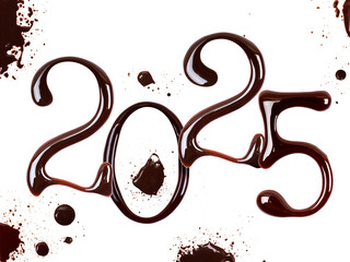 Date of the New Year 2025 made of chocolate with blots, isolated on white background