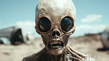 A close-up image of an alien figure in a stark desert environment, conveying an eerie blend of fear, curiosity, and realism against a mysterious, vast landscape.