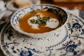 Squash soup on vintage china
