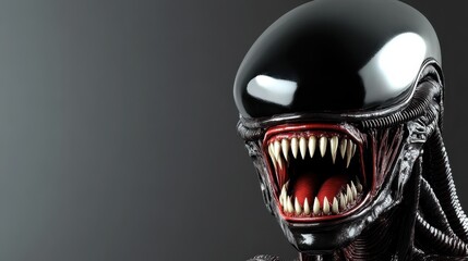 Glossy, otherworldly alien with a toothy, harsh grin signifies a futuristic and unnerving look that intensifies its eerie and intimidating presence.