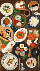 The table is adorned with a diverse selection of traditional Korean dishes, including rice cakes, soups, and various side dishes, celebrating the New Year festivities