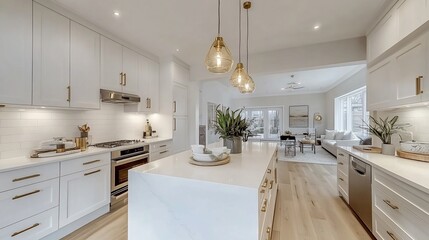 Modern white kitchen with marble countertop and gold pendant lights.