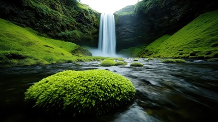 A serene landscape where a majestic waterfall cascades into a flowing stream surrounded by vibrant green moss and foliage, creating a perfect natural haven.