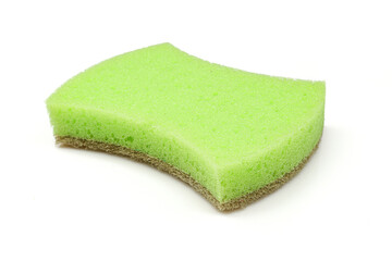 Green dish sponge isolated on white background. Eco natural materials kitchen sponge
