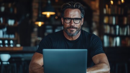 Fototapeta premium A mature man with glasses intently works on his laptop in a dimly lit environment. The subdued lighting creates a serene and contemplative atmosphere.
