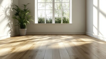 Obraz premium A sunlit room with wooden floors features a large window framing a lush garden, casting beautiful shadows across the smooth, warm surface of the interior space.