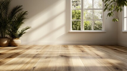 A bright room with a wood floor and tall leafy plants is illuminated by sunlight streaming through a large window, creating a serene and natural indoor atmosphere.