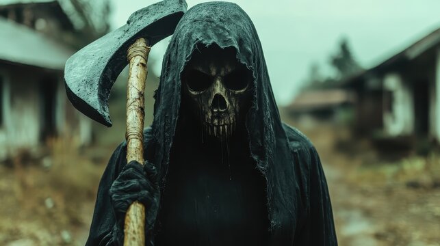 A mysterious figure donned in a dark hooded cloak, wielding a fearsome battle axe, sets a spine-chilling presence in a desolate, abandoned path under overcast skies.