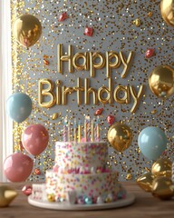 Golden 3D "Happy Birthday" text on a glitter-filled wall, with floating balloons and a decorated birthday cake.
