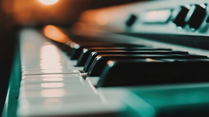 The image captures a close-up of piano keys illuminated by dramatic lighting, highlighting the...