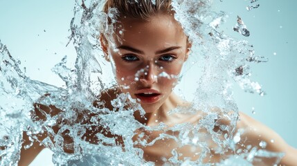 Obraz premium A striking image of a woman forcefully emerging from splashing water, capturing her intense gaze and sense of strength, emphasizing a dramatic water scene.