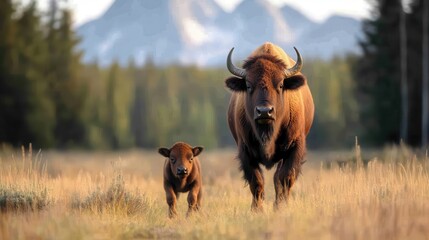 An impressive bison and its calf standing in a serene natural landscape, with verdant fields and majestic mountains towering in the background, exuding peace and strength.