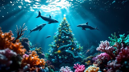 Fototapeta premium Underwater Christmas Scene with Sharks and a Decorated Tree
