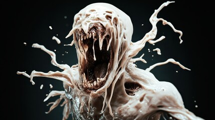 A grotesque, monstrous figure with gaping jaws and dripping, melting flesh captures a chilling, haunting atmosphere in a surreal, otherworldly setting.