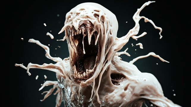 A grotesque, monstrous figure with gaping jaws and dripping, melting flesh captures a chilling, haunting atmosphere in a surreal, otherworldly setting.