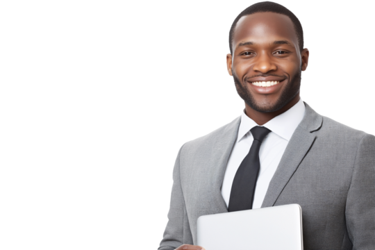 Confident African American Businessman Holding Laptop Corporate Portrait Professional Success