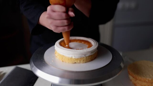 The process of assembling the mango cake. confectioner decorates the cake with Mango Jam 
