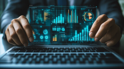 Data Analysis and Management Concept: An analyst manages extensive datasets via a futuristic interface, demonstrating real-time data analysis and decision-making efficiency.