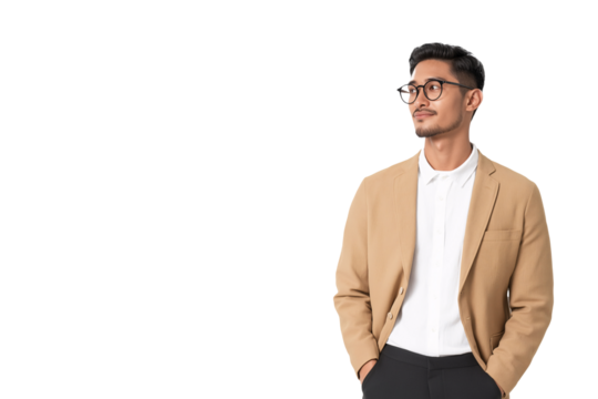 Confident Businessman Looking Up Professional Portrait White Shirt Tan Blazer