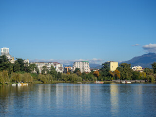 Lake in the mountainous area. Lake Nurigel in Batumi. Water surface, against the backdrop of the mountain.