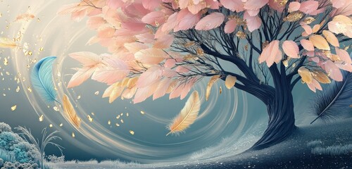 A vibrant 3D mural of a tree with pastel pink and navy leaves, accented by gradient feathers shifting from gold to cyan, dewdrops glistening, floating before a serene vortex.