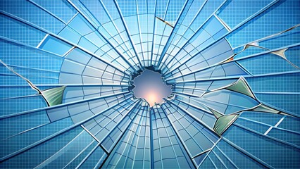 Cartoon-style broken glass background featuring a shattered window with a prominent hole and various cracks radiating outward. The illustration captures the sense of destruction and chaos.