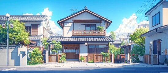Obraz premium Traditional Japanese house on a sunny day with a blue sky and white clouds.