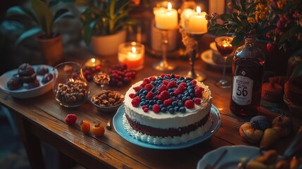 Naklejka premium A birthday cake with berries on top is surrounded by other desserts and candles in a cozy setting.