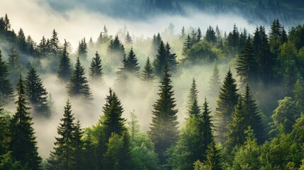 Obraz premium Lush Evergreen Forest in Early Morning Mist with Sunlight Filtering Through Trees, Creating a Serene and Mystical Atmosphere