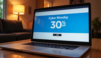 Laptop with Cyber Monday sale screen displaying 30% off in a cozy living room