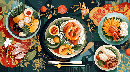 A vibrant table setting showcases Chae Roast Duck alongside Khanom Chan delicacies, adorned with colorful flowers and fruits, perfect for a special celebration