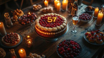 Naklejka premium A birthday cake with the number 57 lit candles surrounded by a spread of desserts, fruits, and a glass of champagne on a wooden table.