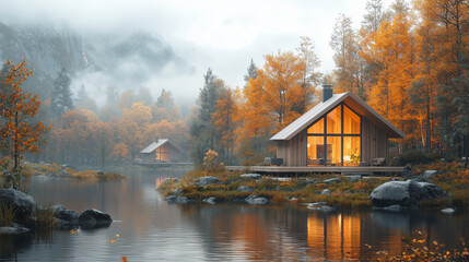 Obraz premium Chalet moderne en bois au bord d'un lac