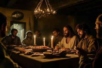 A realistic, moody Last Supper scene, Jesus and twelve disciples recline around a low table in a candle-lit stone room.  © GlimmyGlyphs