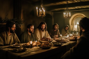 A realistic, moody Last Supper scene, Jesus and twelve disciples recline around a low table in a candle-lit stone room.  © GlimmyGlyphs
