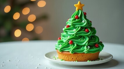 cake in the shape of a Christmas tree with green cream on a white blurred Christmas background