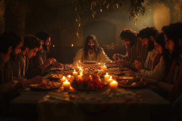 A realistic, moody Last Supper scene, Jesus and twelve disciples recline around a low table in a candle-lit stone room. 