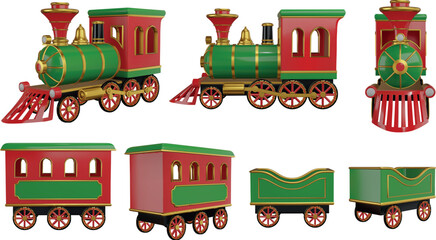 christmas toy train parts in different views. realistic 3d train elements. isolated locomotive and steam train carriages