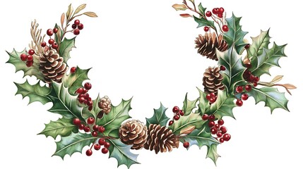 Festive wreath with holly, berries, and pinecones